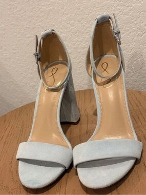 Sam Edelman Light Blue Suede Block Heel Sandals with Ankle Strap